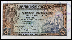 1940. 5 pesetas. (Ed. D44a) (Ed. 443a). 4 de septiembre, Alcázar de Segovia. Serie G. EBC-.