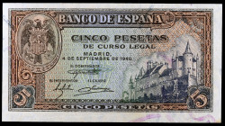 1940. 5 pesetas. (Ed. D44a) (Ed. 443a). 4 de septiembre, Alcázar de Segovia. Serie H. EBC+.