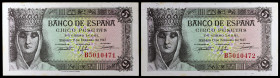 1943. 5 pesetas. (Ed. D47a) (Ed. 446a). 13 de febrero, Isabel la Católica. Pareja correlativa, serie B. Leves manchitas. S/C-.