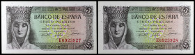 1943. 5 pesetas. (Ed. D47a) (Ed. 446a). 13 de febrero, Isabel la Católica. Pareja correlativa, serie E, uno con ligero doblez lateral. S/C-.
