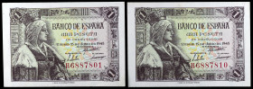 1945. 1 peseta. (Ed. D49a) (Ed. 448a). 15 de junio, Isabel la Católica. 2 billetes, serie H. Numeraciones H6887801/H6887810. S/C-.