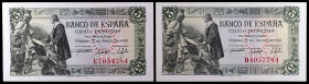 1945. 5 pesetas. (Ed. D50a) (Ed. 449a). 15 de junio, Isabel y Colón. 2 billetes, series E y H. Esquinas rozadas. S/C-.