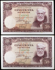 1951. 50 pesetas. (Ed. D63a) (Ed. 462a). 31 de diciembre, Rusiñol. 2 billetes, serie C. MBC/MBC+.