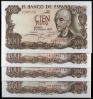 1970. 100 pesetas. (Ed. D73 y D73b) ((Ed. 472 y 472c). 17 de noviembre, Falla. 4 billetes, uno sin serie y trío correlativo serie 7R. S/C-/S/C.