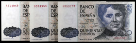 1979. 500 pesetas. (Ed. E2) (Ed. 476). 23 de octubre, Rosalía de Castro. 3 billetes, sin serie, una pareja correlativa. S/C-.