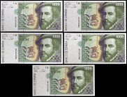 1992. 1000 pesetas. (Ed. E9a) (Ed. 483a). 12 de octubre, Hernán Cortés / Pizarro. 5 billetes correlativos, serie 5M. S/C-/S/C.