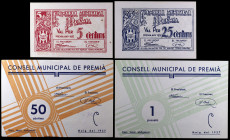 Premià. 5, 25, 50 céntimos y 1 peseta. (T. 2309c, 2310, 2311a y 2312d). 4 billetes, todos los de la localidad. A examinar. S/C-.
