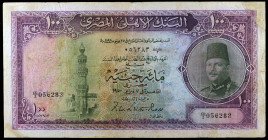 Egipto. 1950. Banco Nacional. 100 libras. (Pick 27b). 16 de mayo, rey Farouk. Raro. MBC-.