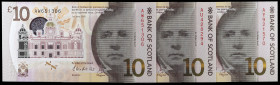 Escocia. 2016. Banco de Escocia. 10 libras. (Pick 131). 1 de junio, Sir Walter Scott. 3 billetes, series AU, AW y AY. S/C.