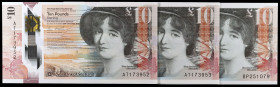 Escocia. 2016. Banco Real. 10 libras. (Pick 371). 26 de diciembre, Mary Somerville. 3 billetes, una pareja correlativa series AT y BP. S/C.