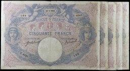 Francia. 1911 y 1912. Banco de Francia. 50 francos. (Pick. 64e). 5 billetes, fechas distintas. Firmas: J. Laferriere y E. Picard. BC/BC+.