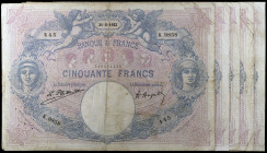 Francia. 1923 a 1925. Banco de Francia. 50 francos. (Pick 64g). 5 billetes, fechas distintas. Firmas: L. Platet y A. Aupetit. BC/BC+.