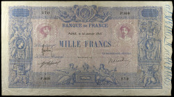 Francia. 1913. Banco de Francia. 1000 francos. (Pick 67g). 14 de enero. Firmas: Frachon, J. Laferriere y E. Picard. Puntos de aguja. Escaso. BC+.