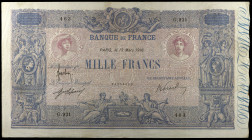 Francia. 1916. Banco de Francia. 1000 francos. (Pick 67g). 13 de marzo. Firmas: Frachon, J. Laferriere y E. Picard. Puntos de aguja. Escaso. BC+.