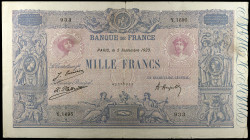 Francia. 1923. Banco de Francia. 1000 francos. (Pick 67j). 5 de septiembre. Firmas: J. Emmery, L. Platet y A. Aupetit. Rotura. Escaso. BC+.