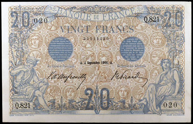 Francia. 1906. Banco de Francia. 20 francos. (Pick 68a). 4 de septiembre. Firmas...