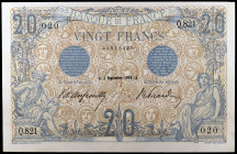 Francia. 1906. Banco de Francia. 20 francos. (Pick 68a). 4 de septiembre. Firmas: V. d'Anfreville y E. Picard. Raro. MBC.