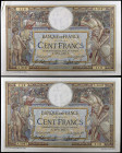 Francia. 1915. Banco de Francia. 100 francos. (Pick 71a). 27 de septiembre. Pareja correlativa. Firmas: J. Laferriere y E. Picard. MBC.