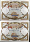 Francia. 1929. Banco de Francia. 50 francos. (Pick 77a). 15 de noviembre. Pareja correlativa de números pares. Puntos de aguja. Escasos. MBC+.