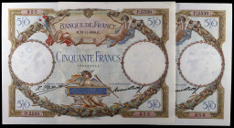 Francia. 1929. Banco de Francia. 50 francos. (Pick 77a). 15 de noviembre. Pareja correlativa. Puntos de aguja. Escasos. MBC+.