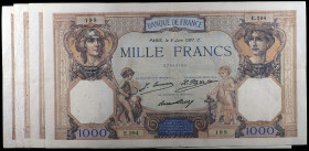 Francia. 1927. Banco de Francia. 1000 francos. (Pick. 79a). 4 billetes, fechas distintas. Firmas: J. Emmery, L. Platet y P. Strohl. BC+/MBC.