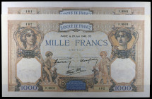 Francia. 1940. Banco de Francia. 1000 francos. (Pick. 90c). 20 de junio. Pareja correlativa. Firmas: H. de Bletterie, P. Rousseau y R. Favre-Gilly. EB...