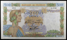 Francia. 1940. Banco de Francia. 500 francos. (Pick. 95a). 19 de diciembre. Firmas: H. de Bletterie, P. Rousseau y R. Favre-Gilly. Puntos de aguja. MB...