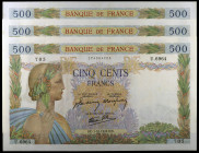 Francia. 1942. Banco de Francia. 500 francos. (Pick. 95b). 1 de octubre. Trio correlativo. Firmas: J. Belin, P. Rousseau y R. Favre-Gilly. Puntos de a...