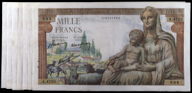 Francia. 1943. Banco de Francia. 1000 francos. (Pick. 102). 7 billetes, fechas y series distintas. MBC-/MBC+.