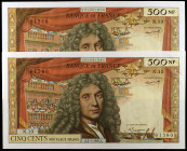 Francia. 1964. Banco de Francia. 500 nuevos francos. (Pick. 145a). 2 de enero, Juan Bautista Paquelin. Pareja correlativa. Firmas: G. Gouin d'Ambriere...