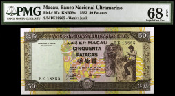 Macao. 1992. Banco Nacional Ultramarino. 50 patacas. (Pick 67a). 13 de julio. Certificado por la PMG como Superb Gem Unc 68 EPQ. Escaso. S/C.