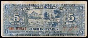 Venezuela. s/d (1940). Ministerio de Sanidad y Asistencia Social. Leproserías Nacionales. 5 bolívares. (Pick 5365). Serie B. Escaso. BC+.