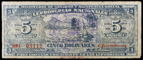Venezuela. s/d (1940). Ministerio de Sanidad y Asistencia Social. Leproserías Nacionales. 5 bolívares. (Pick 5370). Serie C. Escaso. BC+.