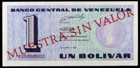 Venezuela. 1989. Banco Central. 1 bolívar. (Pick 68 var). MUESTRA SIN VALOR en anverso y reverso. Numeración X00000000. S/C.