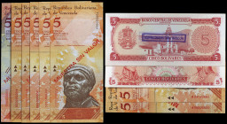 Venezuela. s/d y 2007 a 2018. Banco Central. 5 bolívares. 10 billetes: siete MUESTRAS SIN VALOR, dos SPECIMEN y un error de impresión en reverso. Fech...