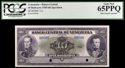 Venezuela. s/d (1945-1960). Banco Central. 10 bolívares. (Pick 31s). SPECIMEN en azul en anverso nº 00000 y 2 taladros. Certificado por la PCGS Curren...