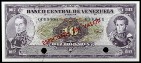 Venezuela. s/d (1963-1970). Banco Central. 10 bolívares. (Pick 45s). SPECIMEN SIN VALOR en rojo. Numeración 0000000 y 2 taladros. Escaso. S/C.
