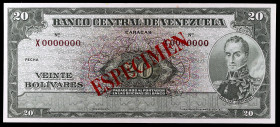 Venezuela. s/d (1960-1966). Banco Central. 20 bolívares. (Pick 43s1). Simon Bolívar. SPECIMEN en rojo en anverso y reverso. Numeración X0000000. S/C-....