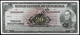 Venezuela. s/d (1960-1966). Banco Central. 20 bolívares. (Pick 43s3). Simon Bolívar. SPECIMEN en negro en anverso y reverso. Numeración U0000000. S/C....