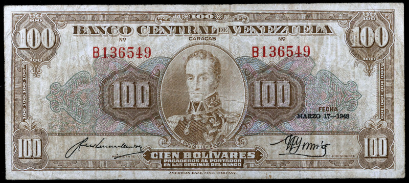 Venezuela. 1948. Banco Central. 100 bolívares. (Pick 34a). 17 de marzo, Simón Bo...
