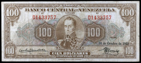 Venezuela. 1952. Banco Central. 100 bolívares. (Pick 34a). 30 de octubre, Simón Bolívar. Serie D. BC+.