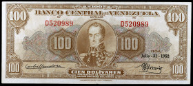 Venezuela. 1952. Banco Central. 100 bolívares. (Pick 34a). 31 de julio, Simón Bolívar. Serie D. Dobleces. MBC.