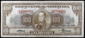 Venezuela. 1954. Banco Central. 100 bolívares. (Pick 34c). 22 de abril, Simón Bolívar. Serie D. BC+.