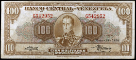 Venezuela. 1956. Banco Central. 100 bolívares. (Pick 34c). 24 de mayo, Simón Bolívar. Serie G. BC+.