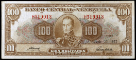 Venezuela. 1957. Banco Central. 100 bolívares. (Pick 34c). 13 de junio, Simón Bolívar. Serie H. MBC-.