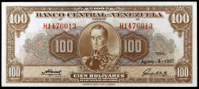 Venezuela. 1957. Banco Central. 100 bolívares. (Pick 34c). 8 de agosto, Simón Bolívar. Serie H. Escaso así. EBC.