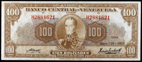 Venezuela. 1958. Banco Central. 100 bolívares. (Pick 34c). 29 de mayo, Simón Bolívar. Serie H. MBC-.