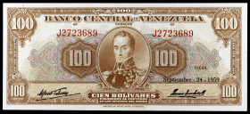 Venezuela. 1959. Banco Central. 100 bolívares. (Pick 34d). 24 de septiembre, Simón Bolívar. Serie J. Escaso así. S/C-.