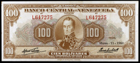 Venezuela. 1960. Banco Central. 100 bolívares. (Pick 34d). 11 de marzo, Simón Bolívar. Serie L. MBC+.