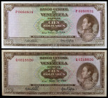 Venezuela. 1964. Banco Central. 100 bolívares. (Pick 48b). 2 de junio, Simón Bolívar. 2 billetes, series P y Q. BC+/MBC+.